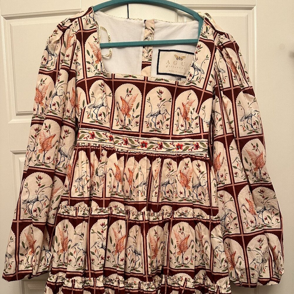 Agua by Agua Bendita Long Sleeve Dress - Cream and Brown with Bird Motif